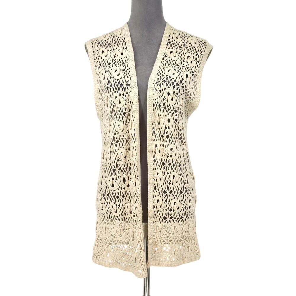 Knit Knit Sweater Vest Womens Large Beige Silk Cotton Crochet Knit Coastal Beach